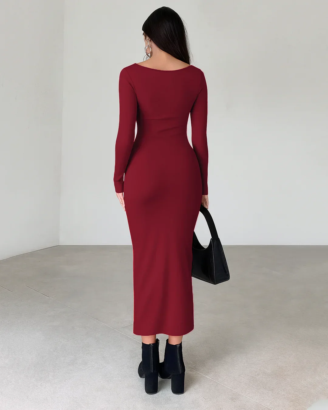 Solid Color Stand Collar Long Sleeve Pleated Bodycon Dress In Redberry - Image 4