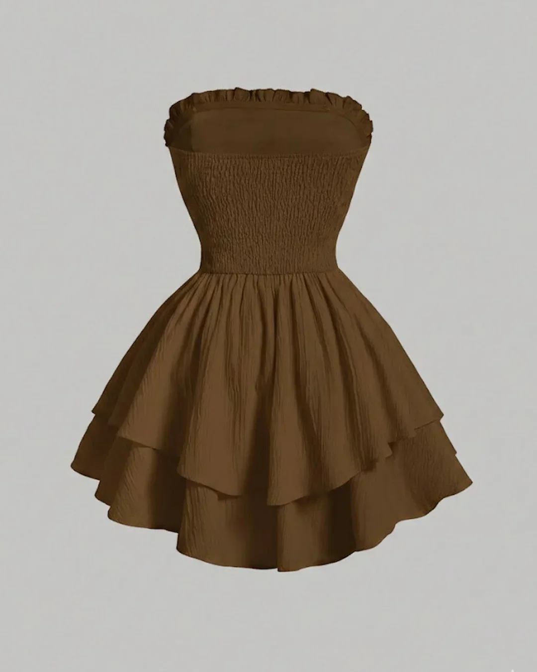 Solid Color Strapless Dress With Waist Belt in Brown - Image 2