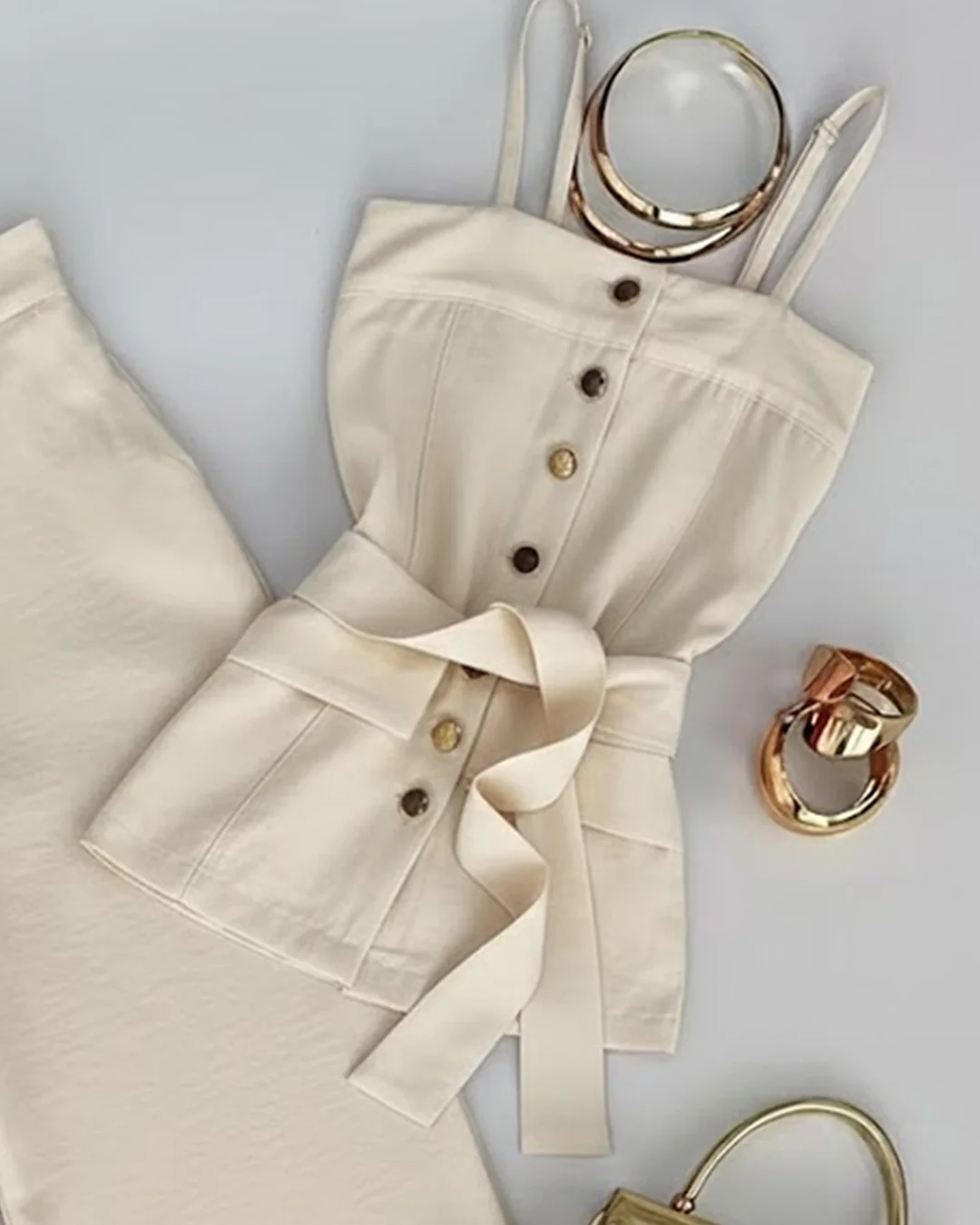 Solid Color Strappy Top and Long Pants Two Piece Set in Beige - Image 2