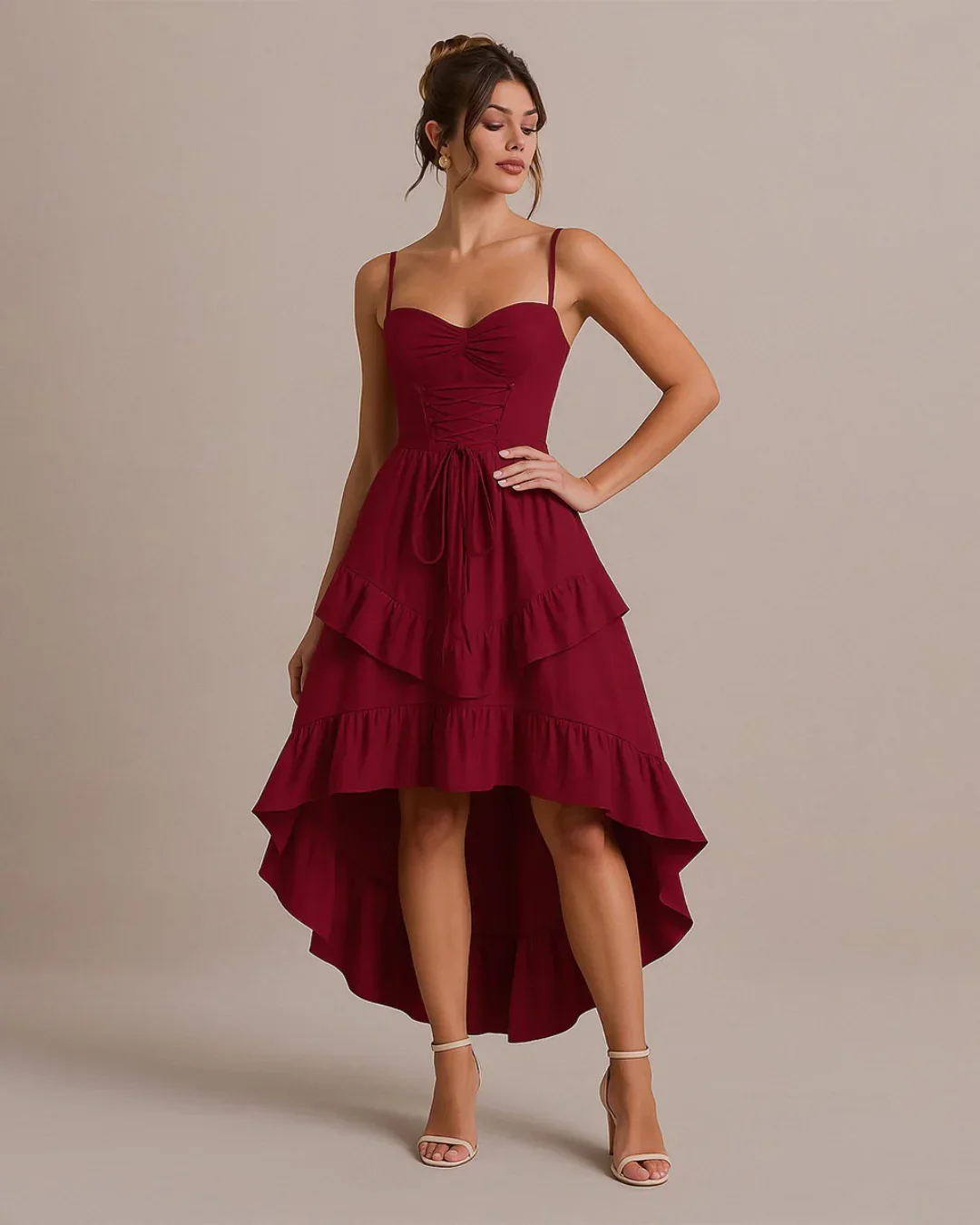 Solid Color Sweetheart Neckline Cross Tie Rod Ruffle Edge Red Dress - Image 2