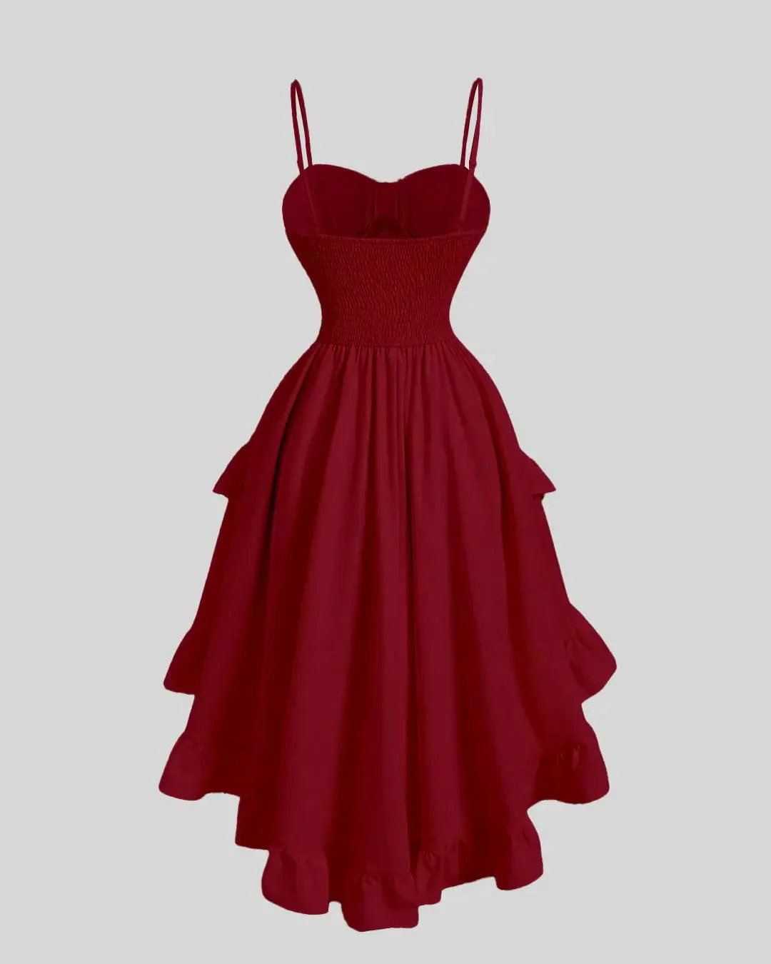 Solid Color Sweetheart Neckline Cross Tie Rod Ruffle Edge Red Dress - Image 3