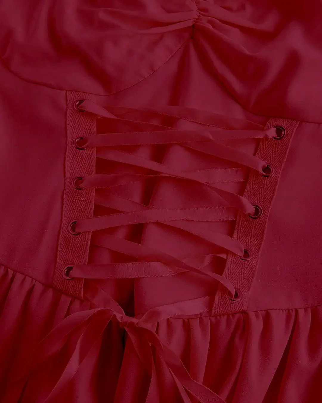 Solid Color Sweetheart Neckline Cross Tie Rod Ruffle Edge Red Dress - Image 4