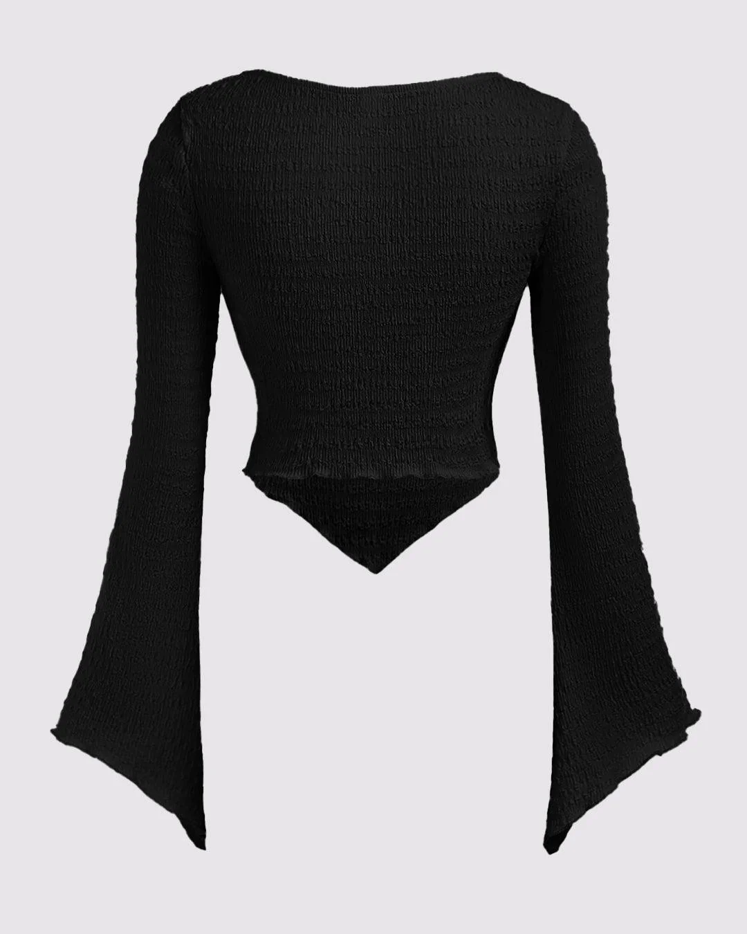 Ribbed Long Sleeve Flared Hem Statement Top in Black - Image 3
