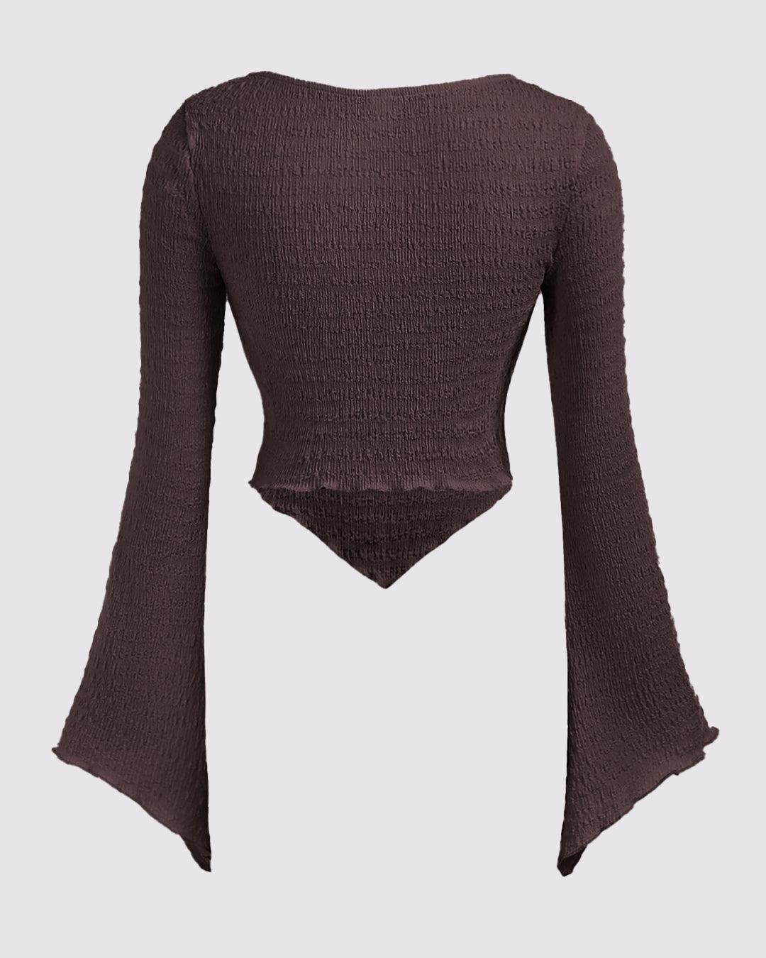 Casual Sweetheart Neck Ruched Flared Long Sleeve Top in Brown - Image 3