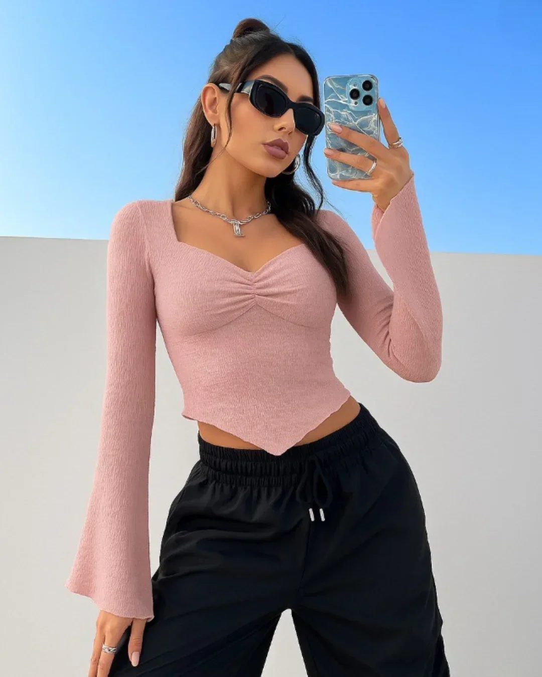 Sweetheart Neck Ruched Flared Long Sleeve Top in Pink - Image 2
