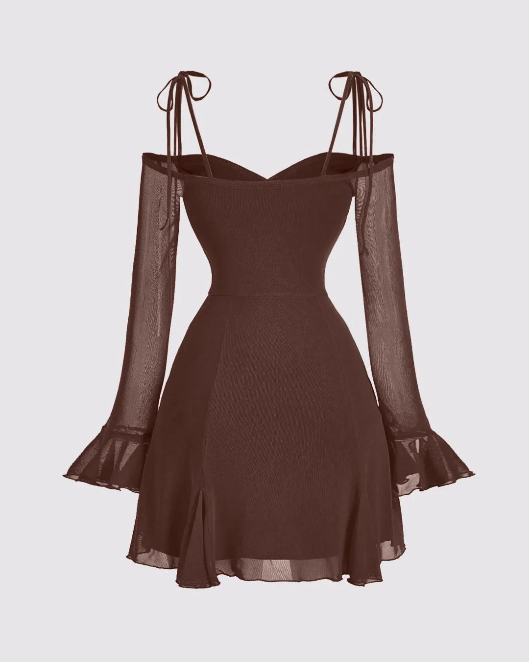 Solid Color V-Neck Bow Tie Waist Dress In Chocolate Brown - Image 3