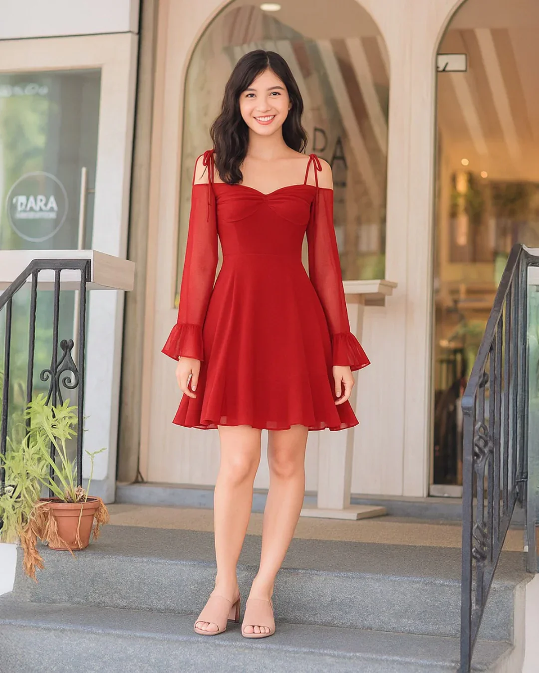 Solid Color V-Neck Bow Tie Waist Dress In Red - Image 2