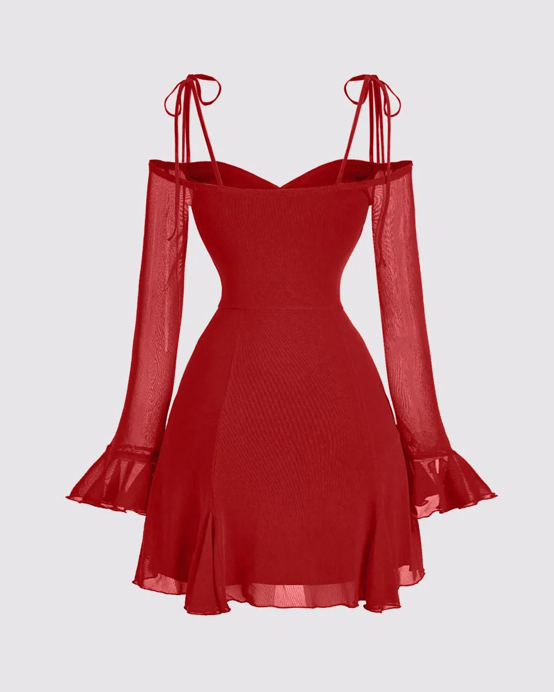 Solid Color V-Neck Bow Tie Waist Dress In Red - Image 3