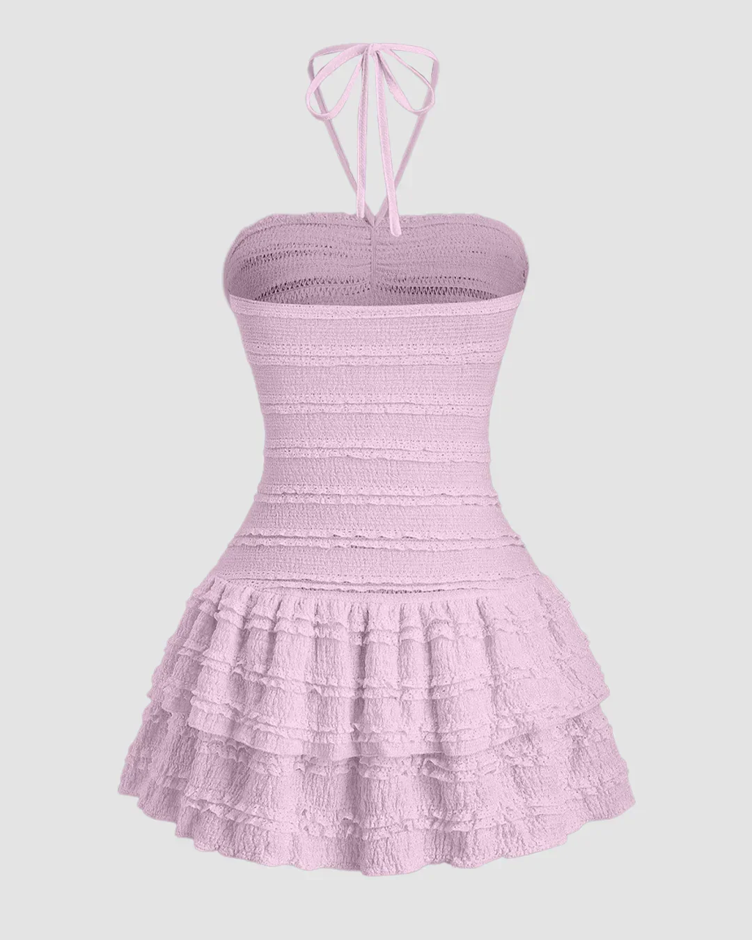 Solid Colour Textured Halter Neck Ruffle Hem Dress in Light Purple - Image 2