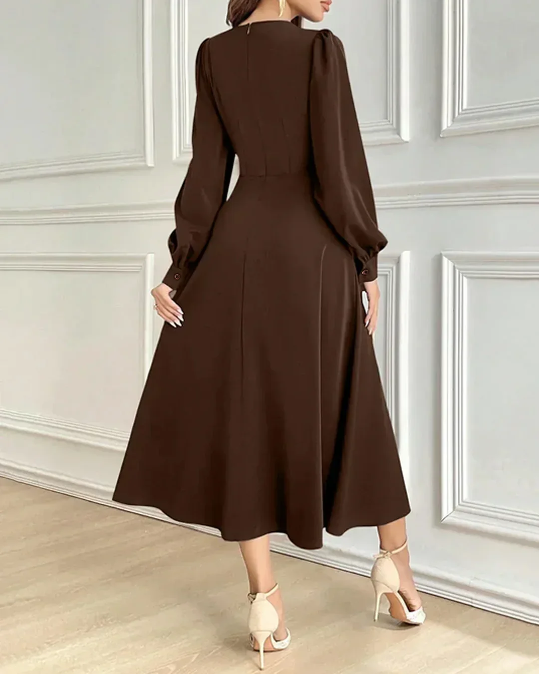 Solid Dark Brown Long Puff Sleeves Midi Flared Dress - Image 2