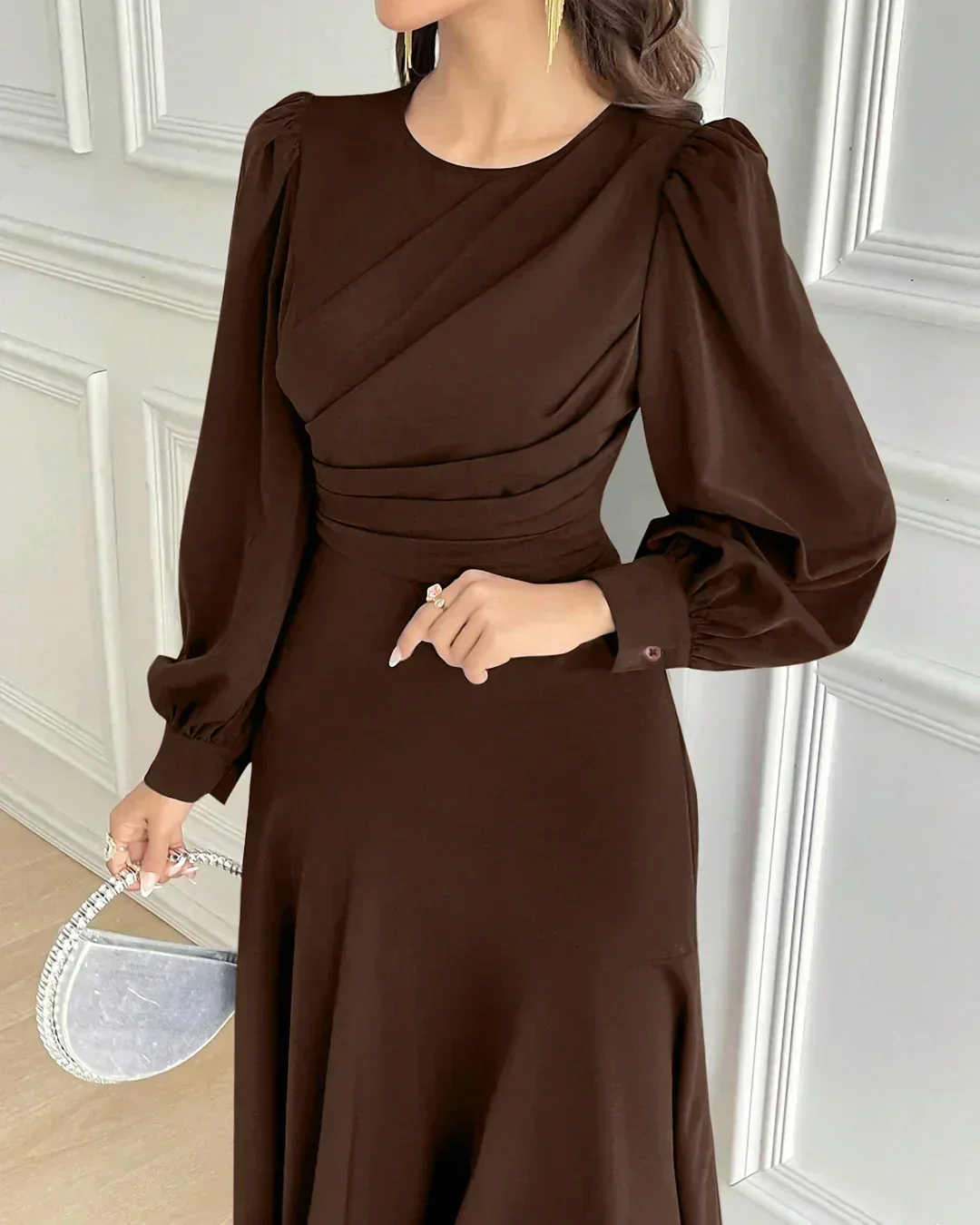Solid Dark Brown Long Puff Sleeves Midi Flared Dress - Image 3
