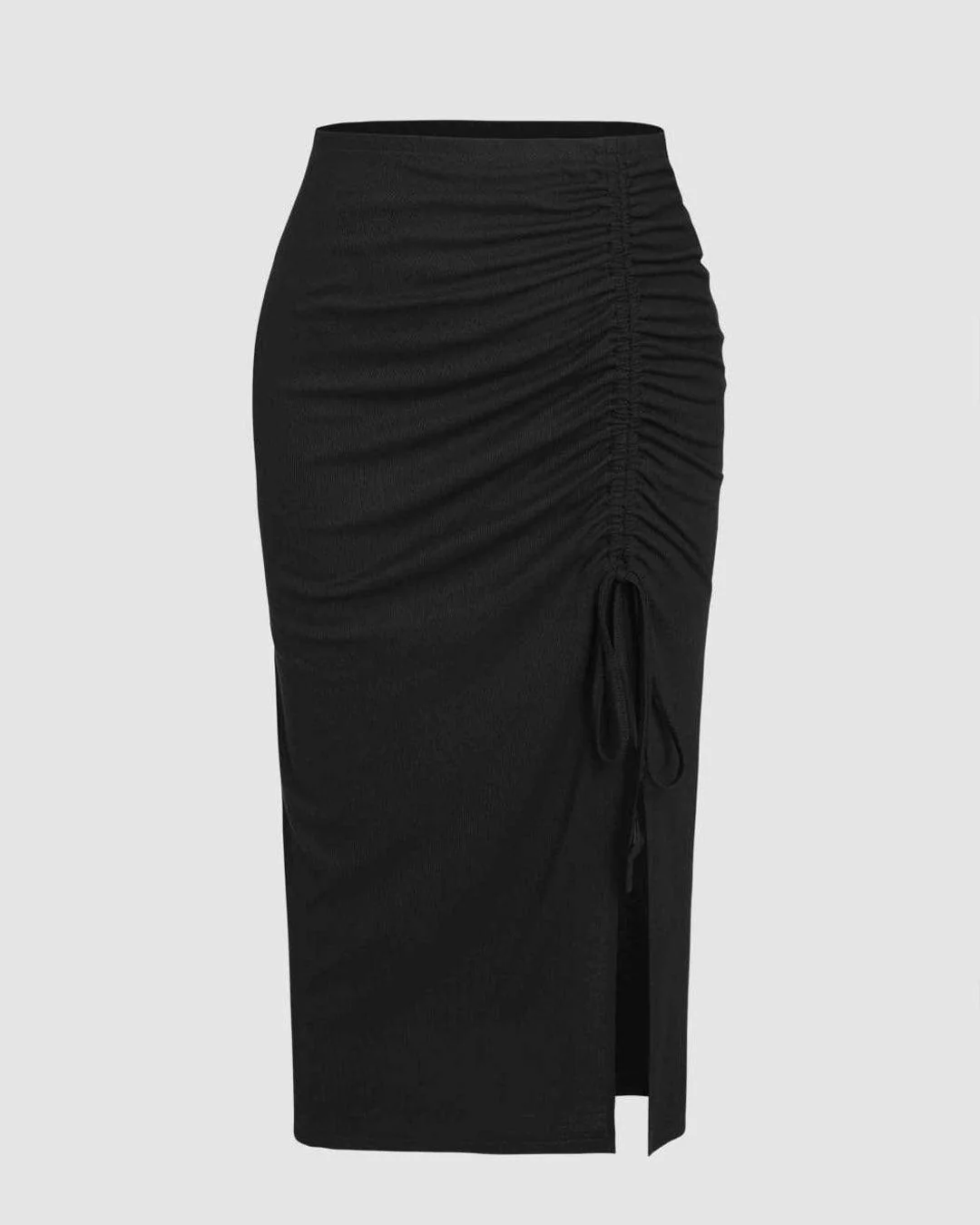 Solid Drawstring Split Maxi Black Skirt Curve & Plus - Image 3