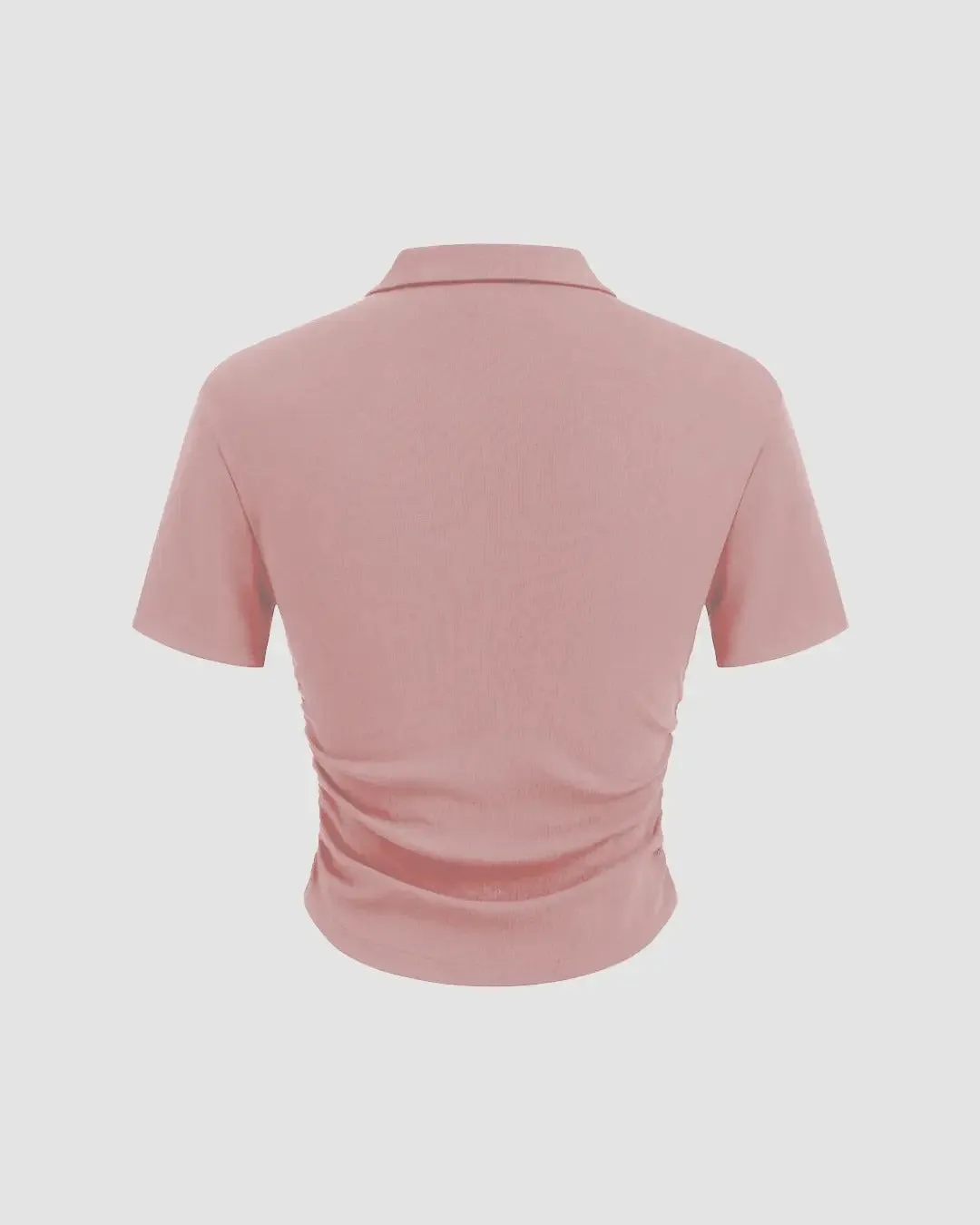 Solid Fitted Ribbed Button Short Sleeve Crop Top In Rose Pink - Image 2