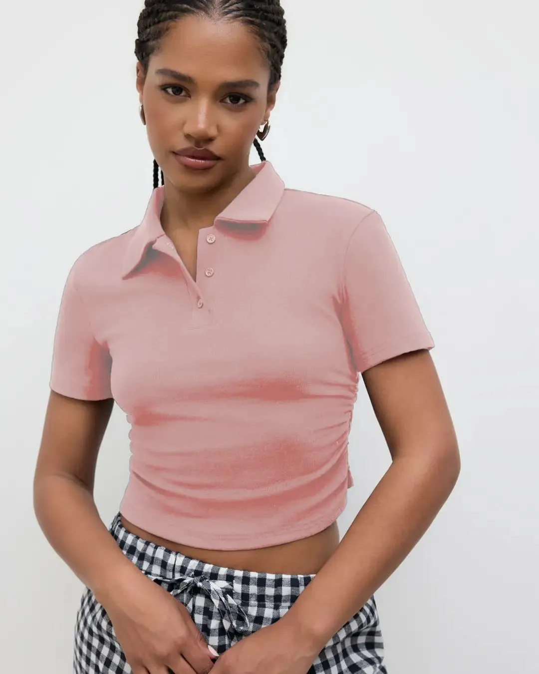 Solid Fitted Ribbed Button Short Sleeve Crop Top In Rose Pink - Image 3