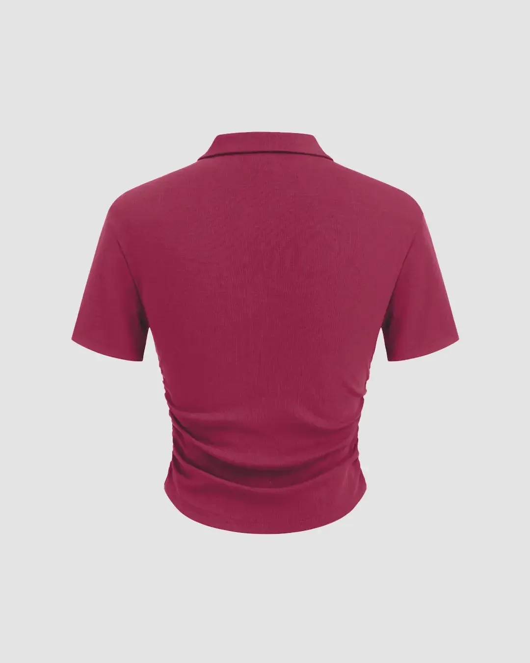 Solid Fitted Ribbed Button Short Sleeve Crop Top In Ruby - Image 2