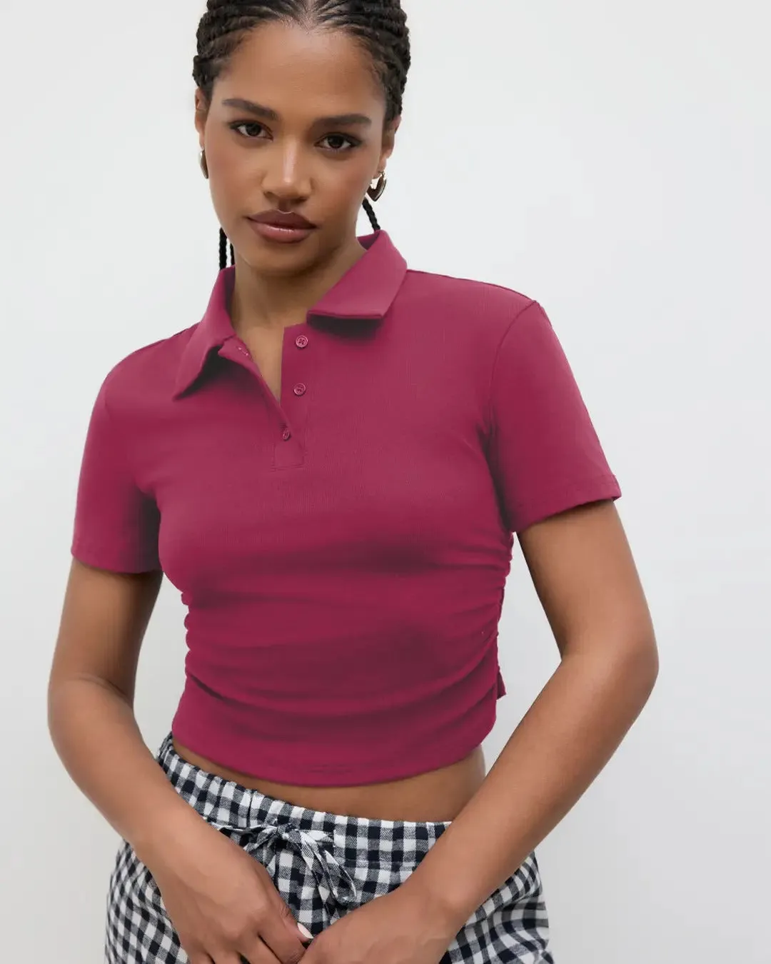 Solid Fitted Ribbed Button Short Sleeve Crop Top In Ruby - Image 3