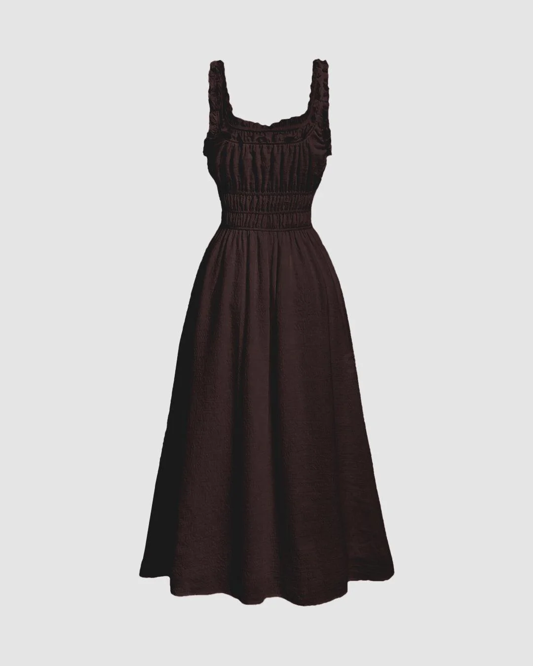 Solid Frill Trim Tie Front Chocolate Brown Midi Dress - Image 2