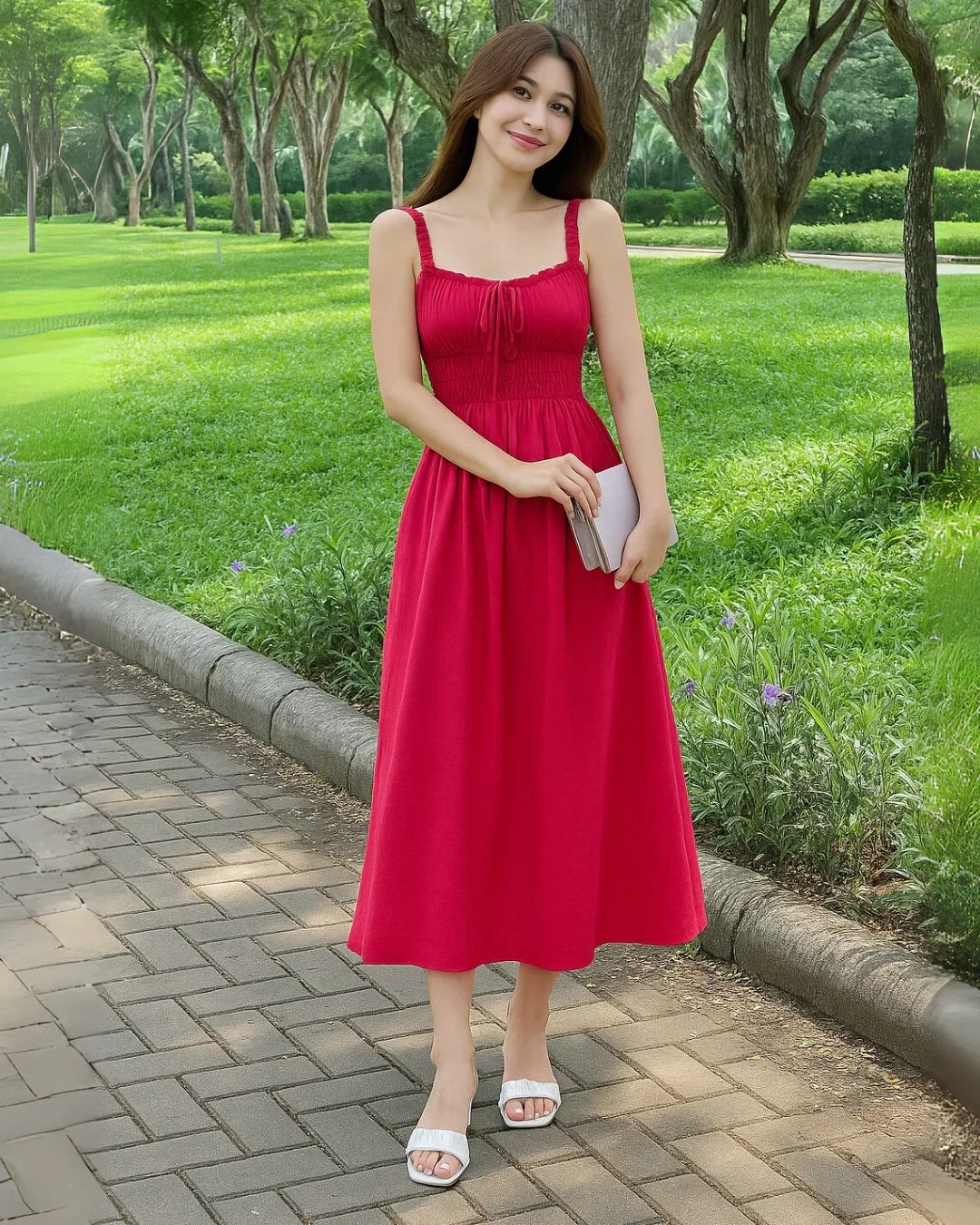 Solid Frill Trim Tie Front Hot Pink Dress - Image 2