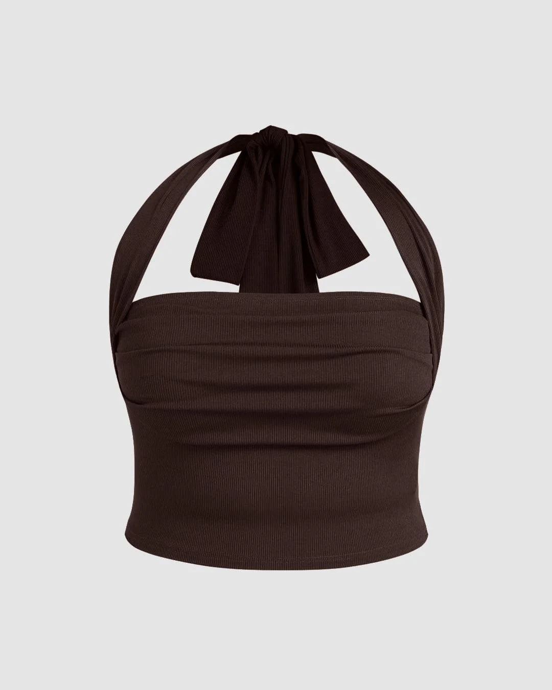 Solid Halter Knitted Brown Crop Top Curve & Plus - Image 3