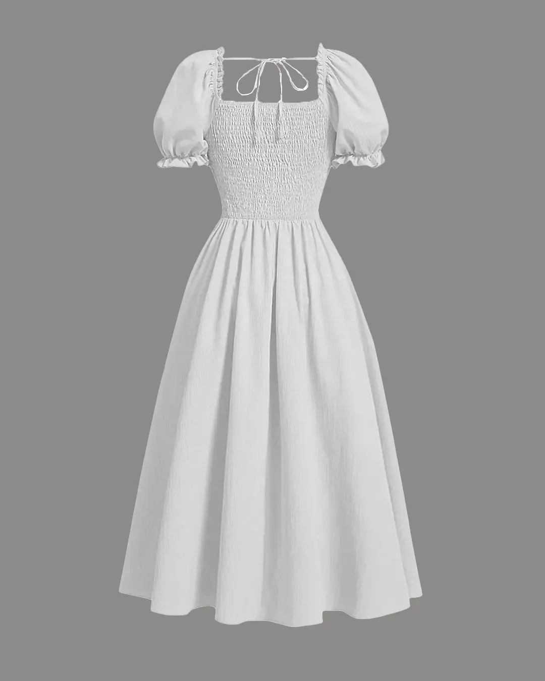 Solid Lace Up Front Puff Sleeve Dress In Off White - Image 2