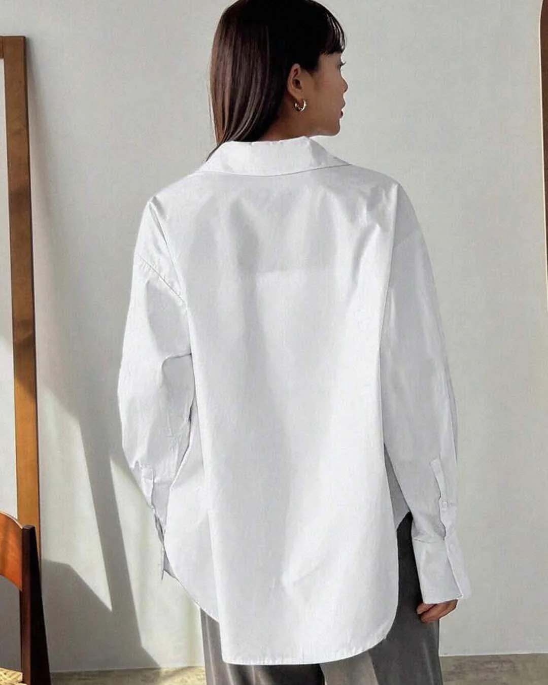 Solid Lace Up Long Sleeve Solid White Shirt - Image 3