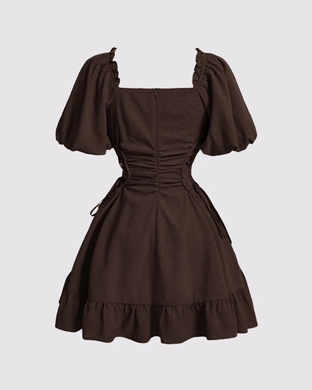 Solid Lace Up Side Ruffle Dress In Chocolate Brown - Image 3