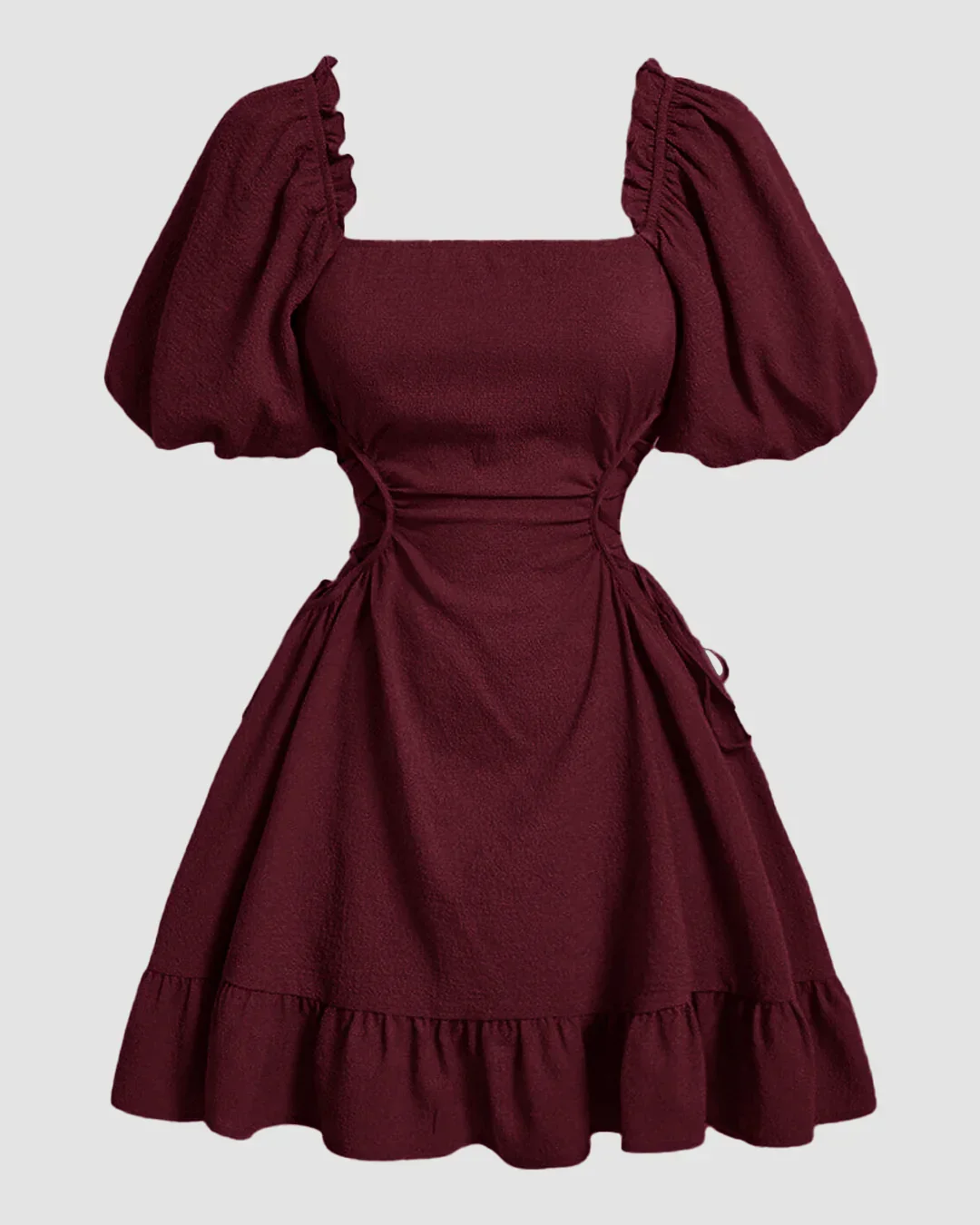 Solid Lace Up Side Ruffle Dress In Maroon