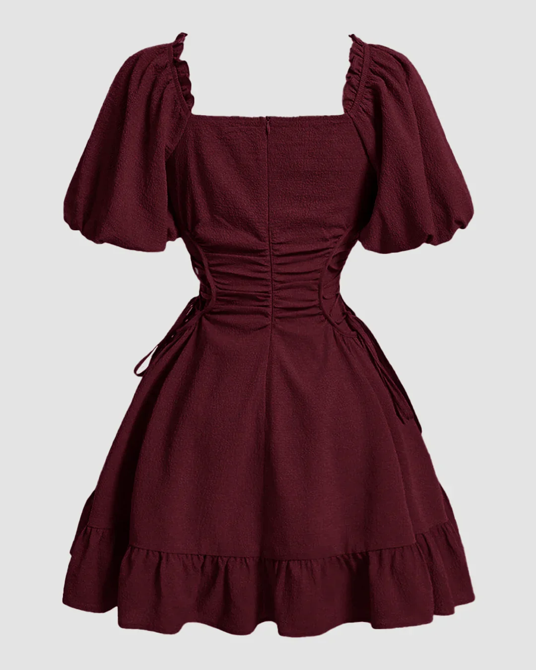 Solid Lace Up Side Ruffle Dress In Maroon - Image 2