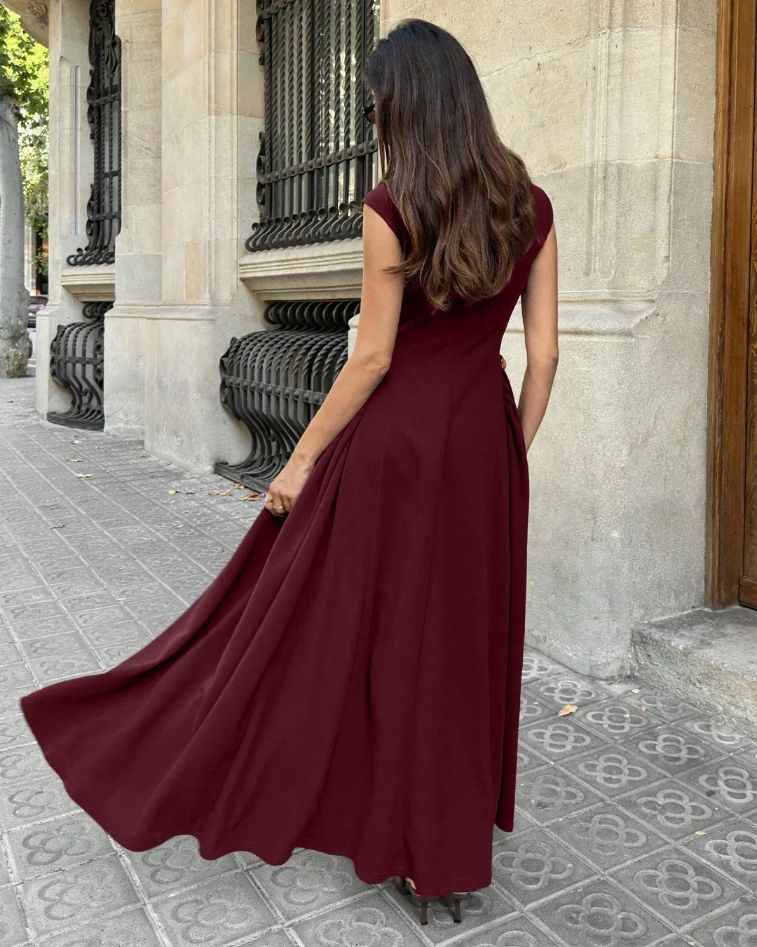 Solid Maroon Crew Neck Fit & Flare Maxi Dress - Image 2