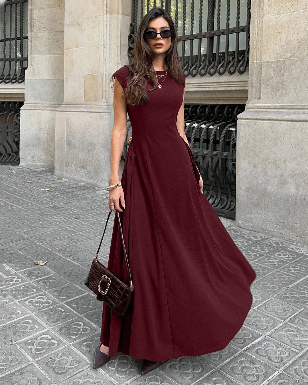 Solid Maroon Crew Neck Fit & Flare Maxi Dress - Image 3