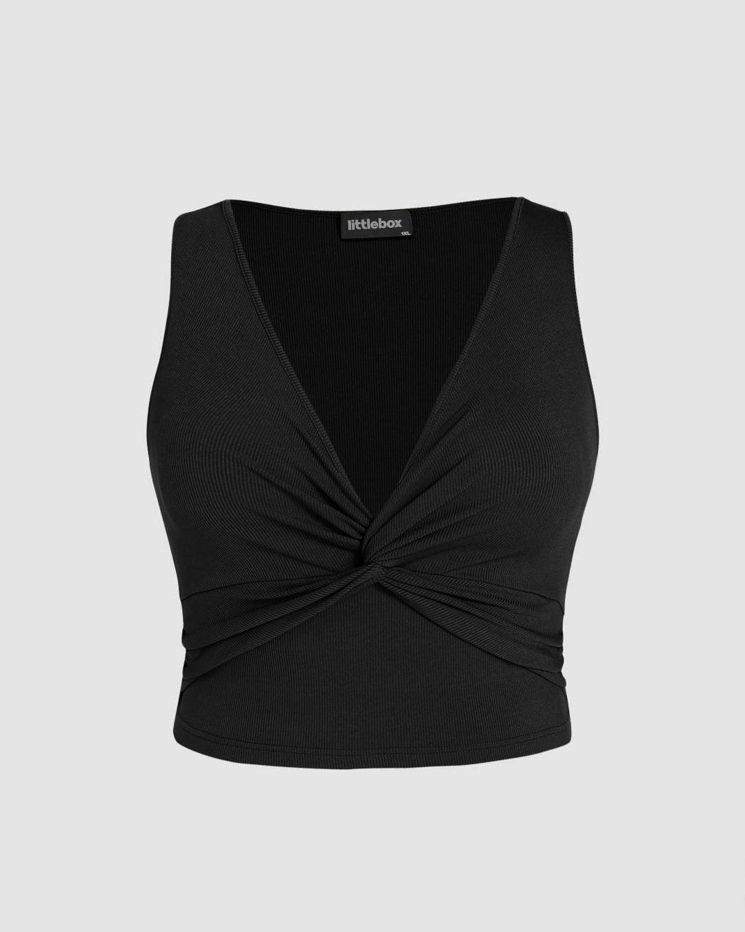Solid Rib Twist Front Black Crop Top Curve & Plus - Image 3