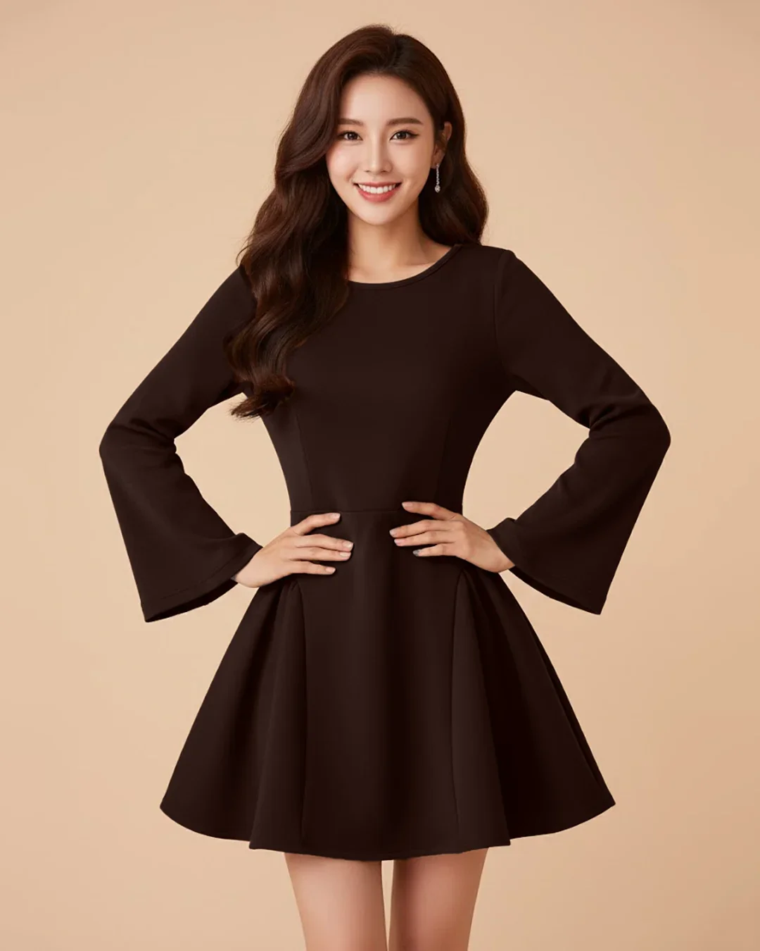 Solid Round Neck Full Sleeve Fit & Flare Mini Dress in Coffee - Image 2
