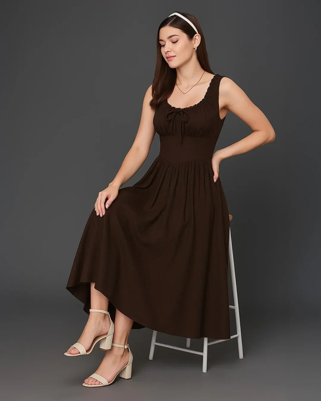 Solid Ruched Bust Dress In Chocolate Fondae - Image 2