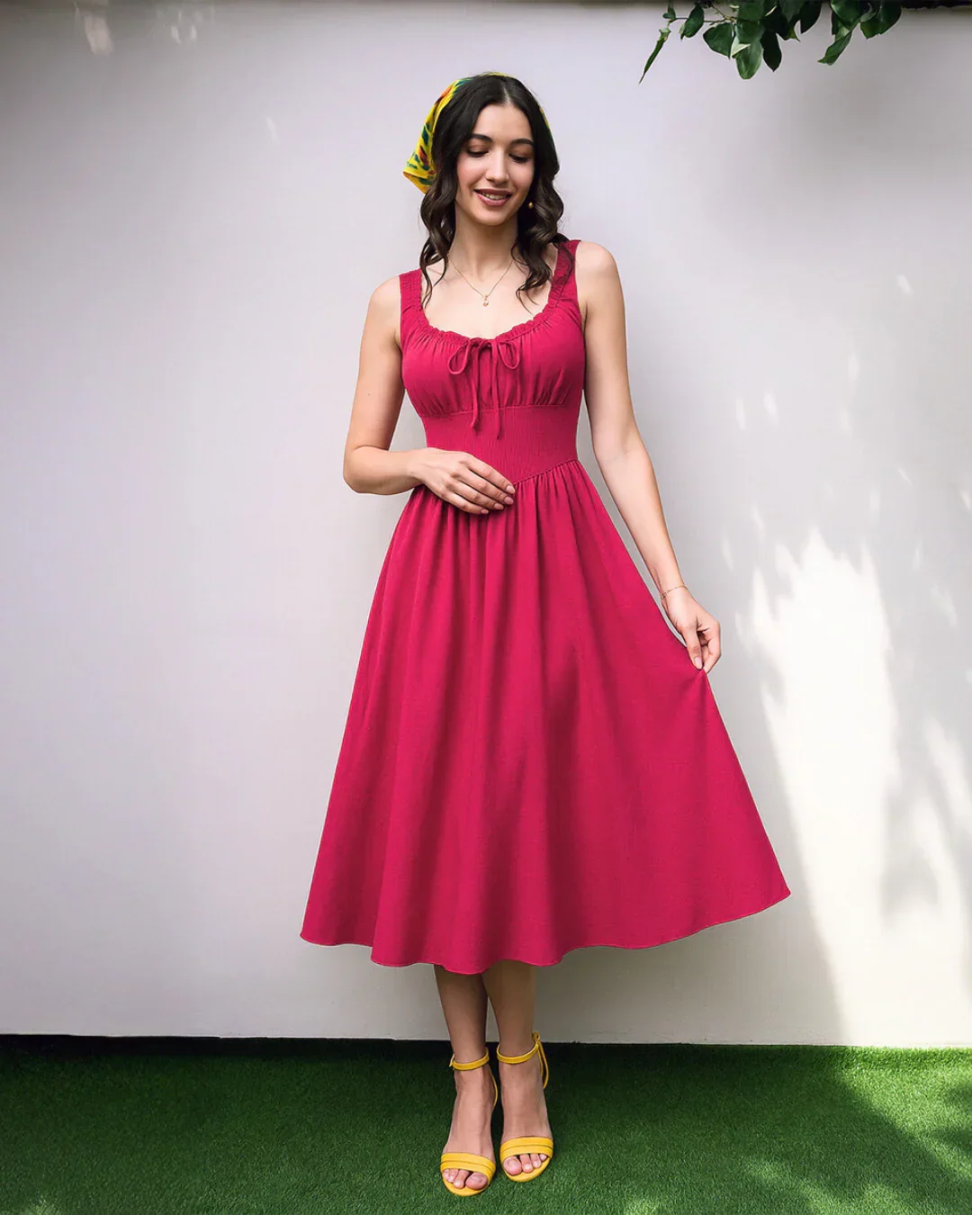 Solid Ruched Bust Dress In Hot Pink - Image 2