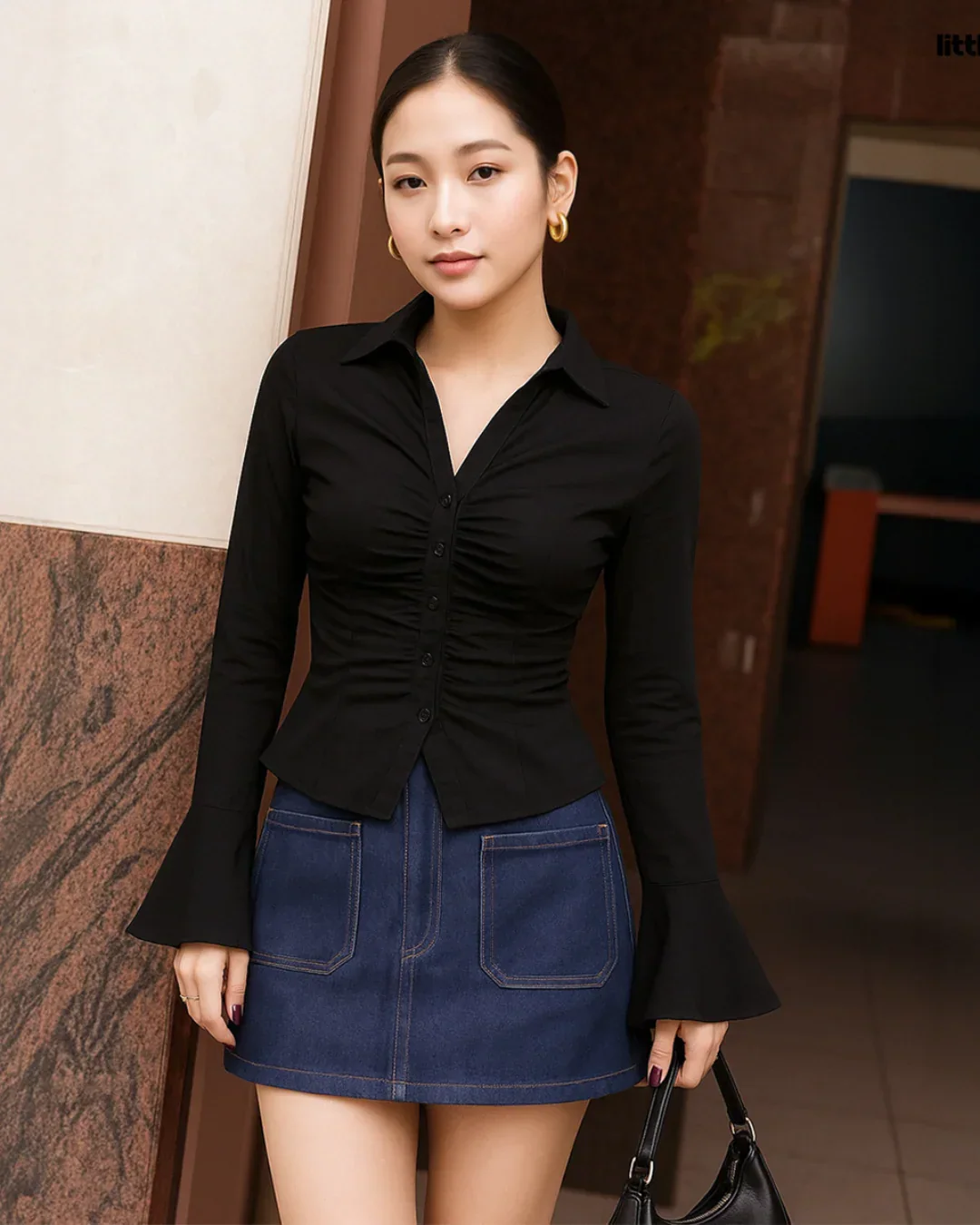 V Neck Ruched Front Knot Detail Full Sleeve Top in Black - Image 2