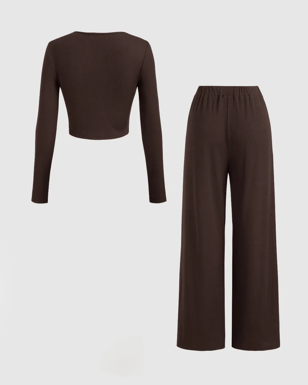 Solid Ruched Hoodie & Mid Rise Knotted Straight Leg Trousers Set In Chocolate Brown - Image 2