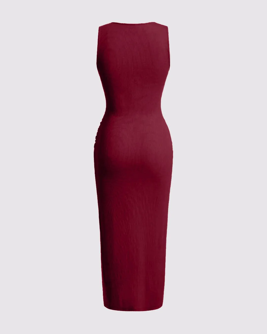 Solid Ruched Sleeveless Ribbed Knit Dress In Cherry Red - Image 3