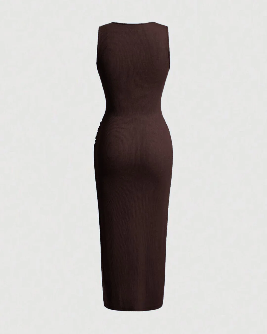 Solid Ruched Sleeveless Ribbed Knit Dress In Chocolate Brown - Image 3