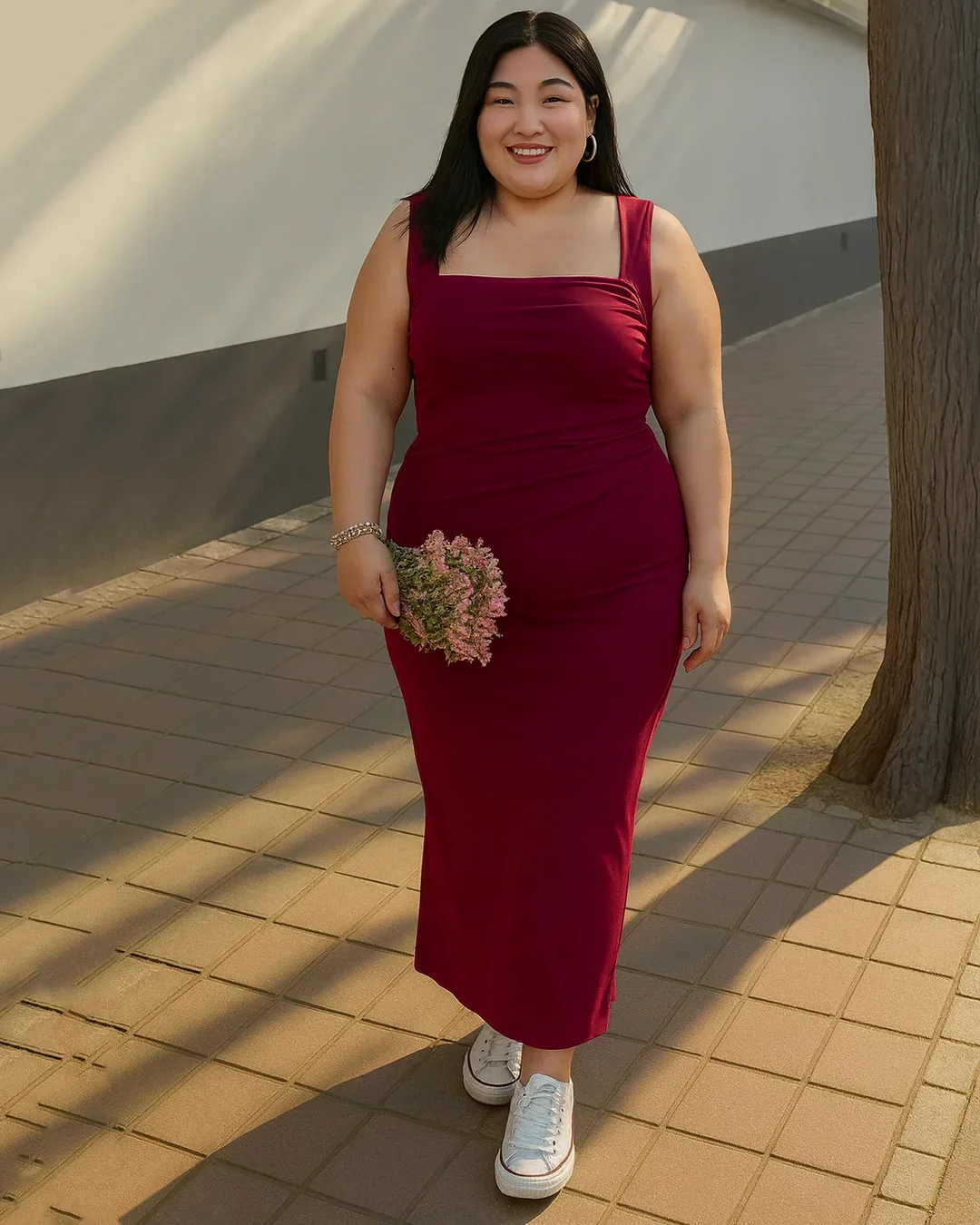 Solid Ruched Sleeveless Ribbed Knit Dress In Maroon Curve & Plus - Image 3