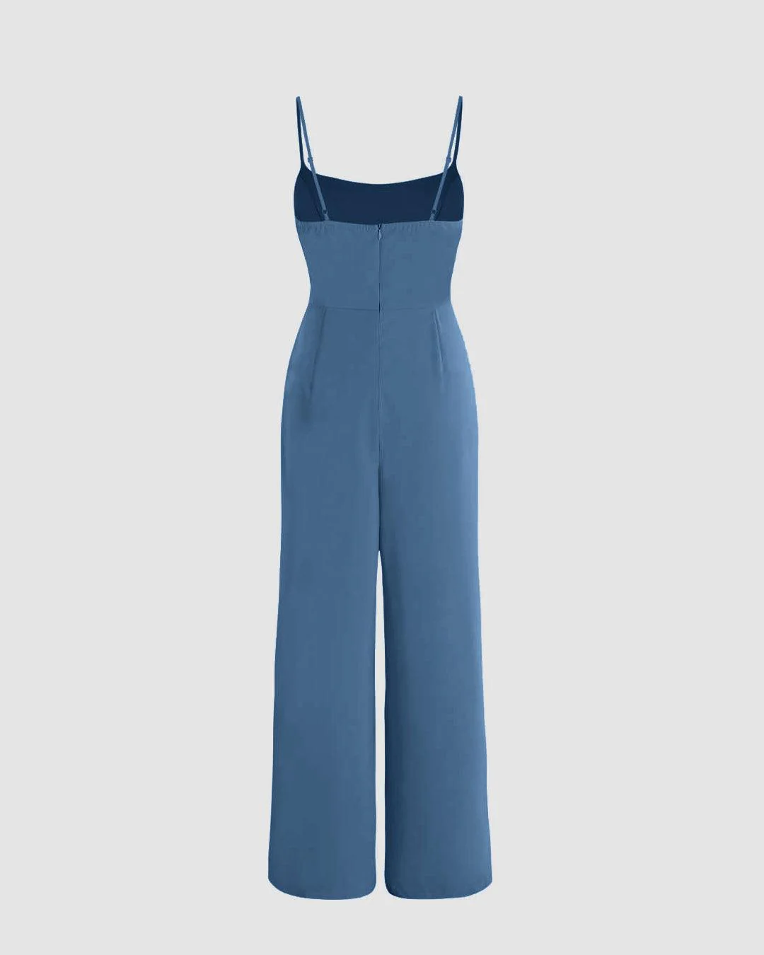 Solid Ruched Strappy-Sleeves Blue Jumpsuit - Image 2