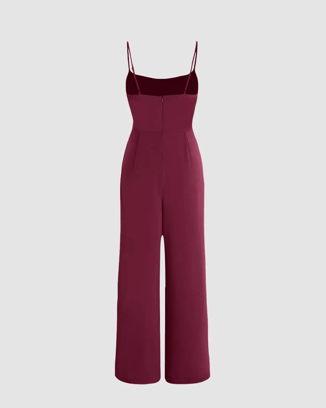 Solid Ruched Strappy-Sleeves Rose Red Jumpsuit - Image 2
