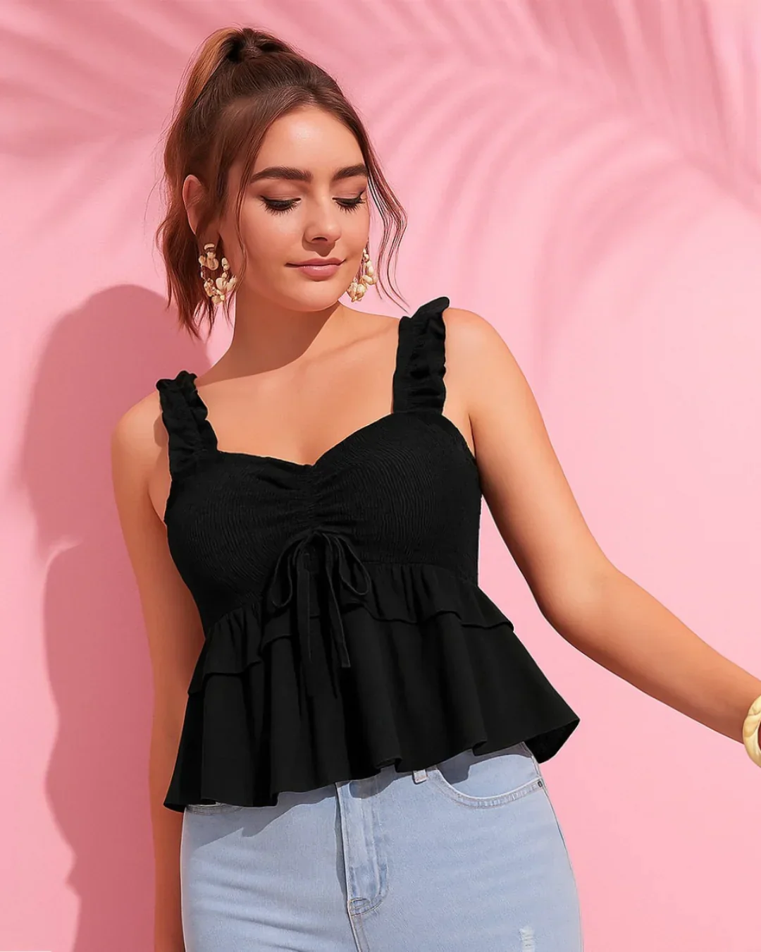 Solid Ruffle Front Tie Bow Sleeveless Black Crop Top - Image 2