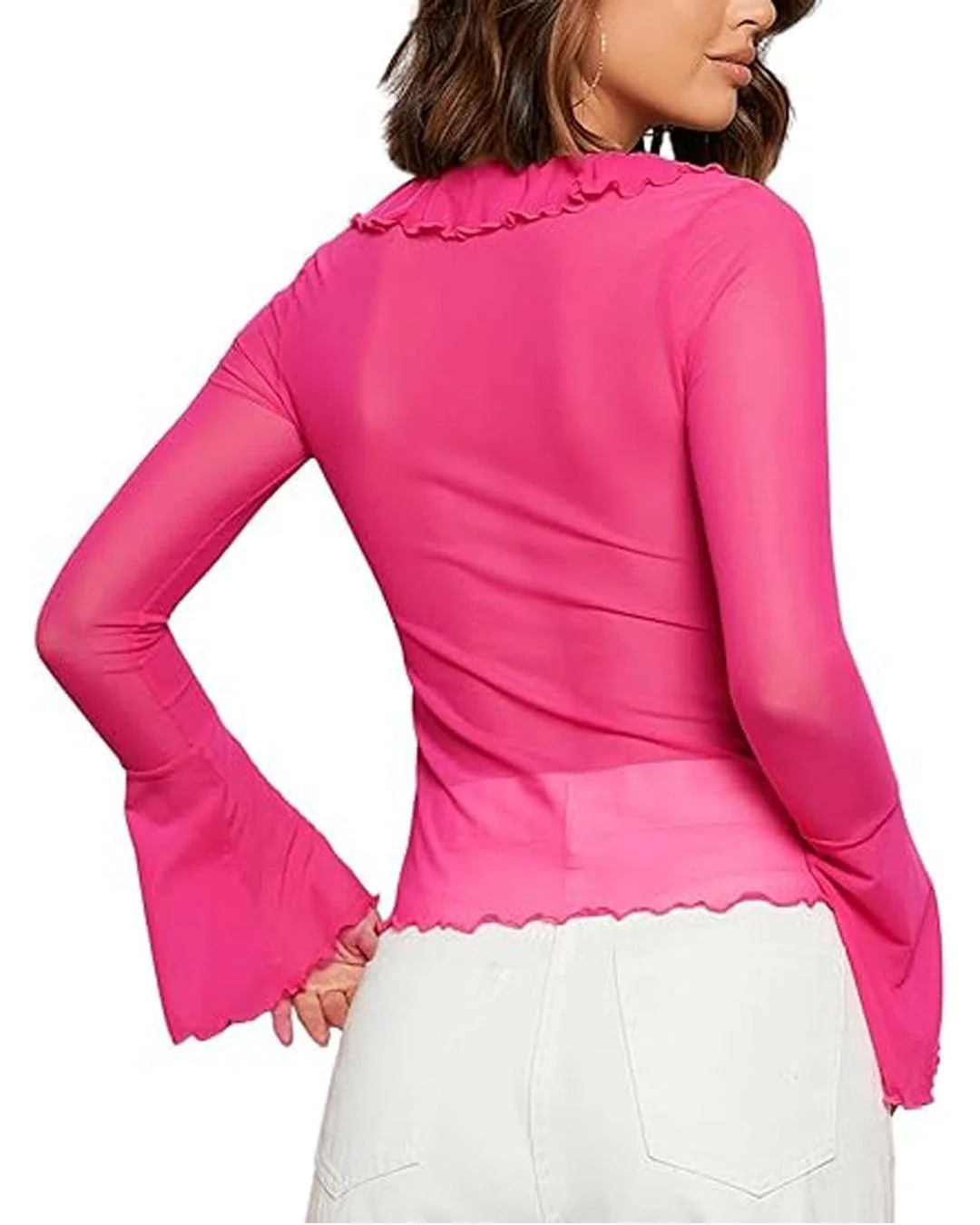 Solid Ruffle Trim Lace Up V-Neck Flare Sleeve Pink Top - Image 3