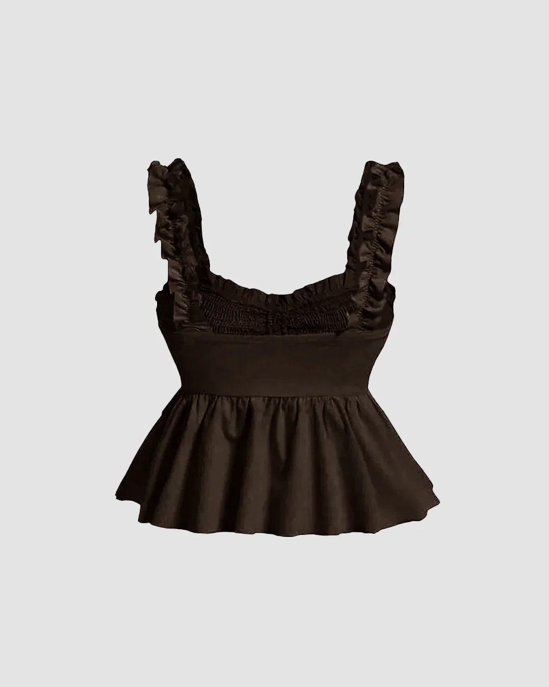 Solid Ruffle Wide Strap Front Tie Bow Tank Top In Chocolate - Image 2