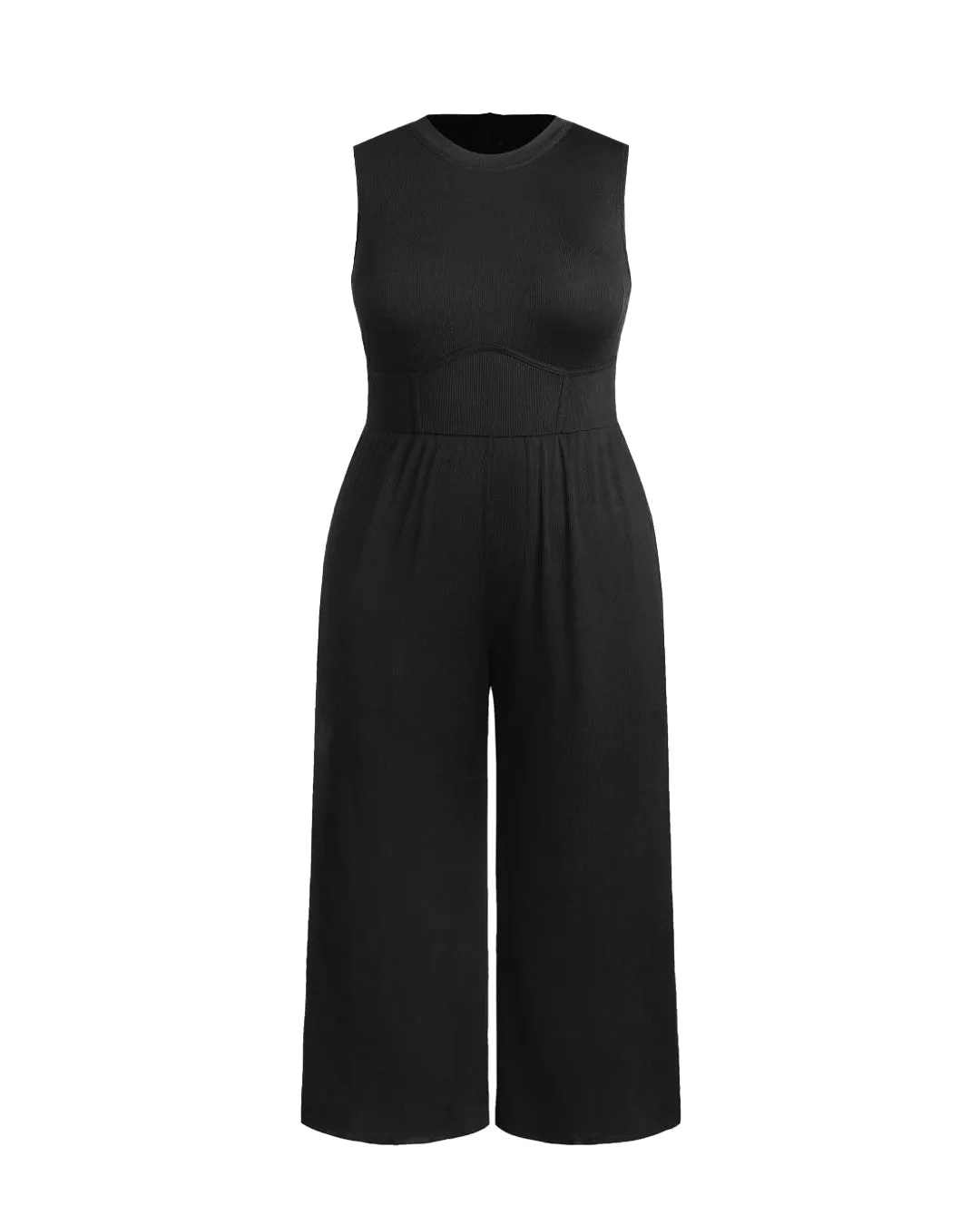 Solid Sleeveless Wide Leg Black Jumpsuit Curve & Plus - Image 3