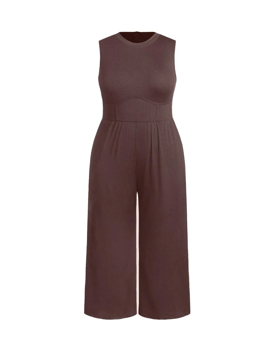 Solid Sleeveless Wide Leg Brown Jumpsuit Curve & Plus - Image 3