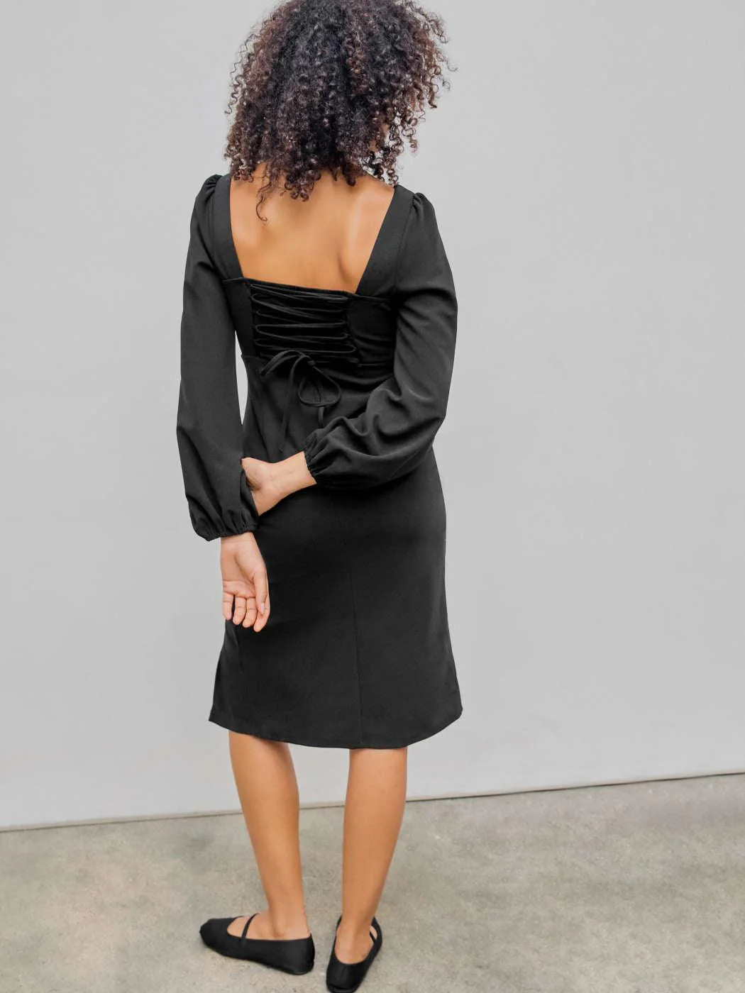 Solid Sweetheart Neck Lantern Sleeve Side Slit Dress In Black - Image 4