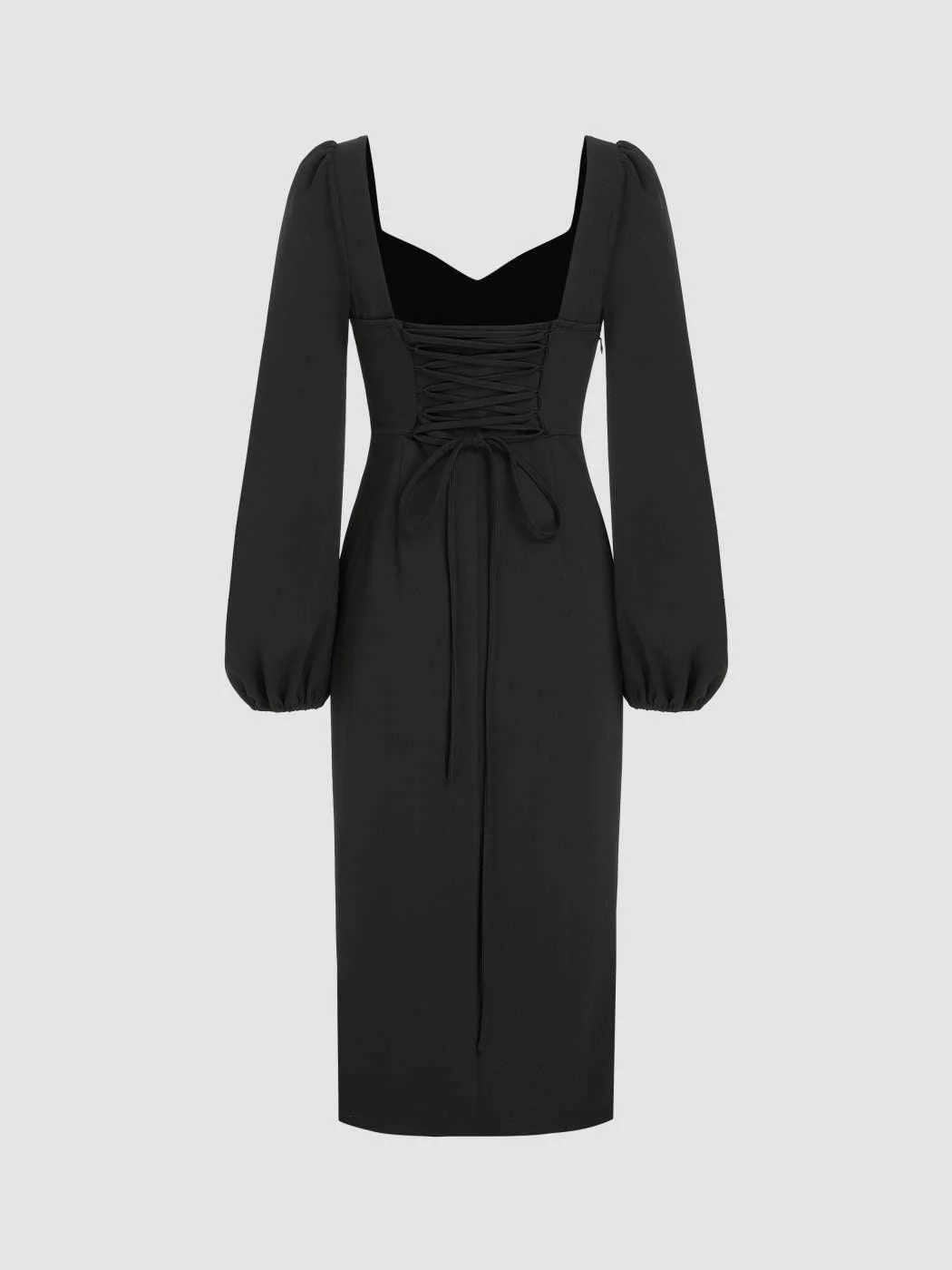 Solid Sweetheart Neck Lantern Sleeve Side Slit Dress In Black - Image 5