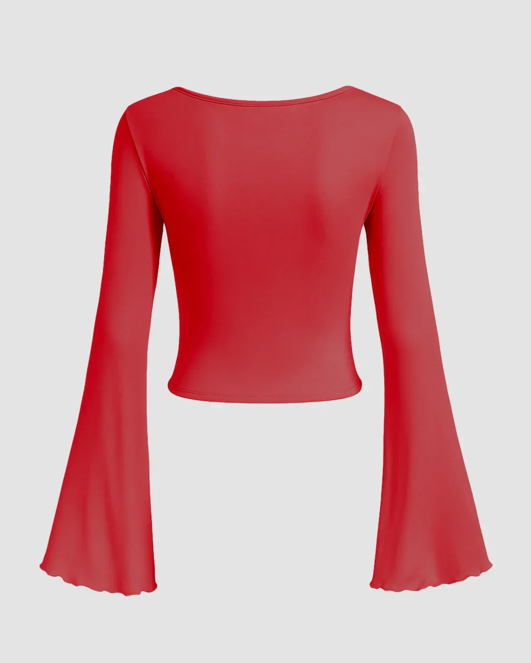 Solid Tie Front Bell Sleeve Mesh Crop Top in Dark Red - Image 2
