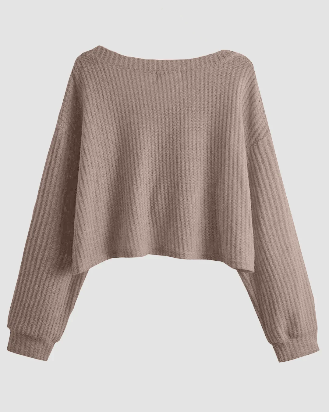 Solid V-Neck Drop Shoulder Long Sleeve Cropped Sweater in Brown - Image 2